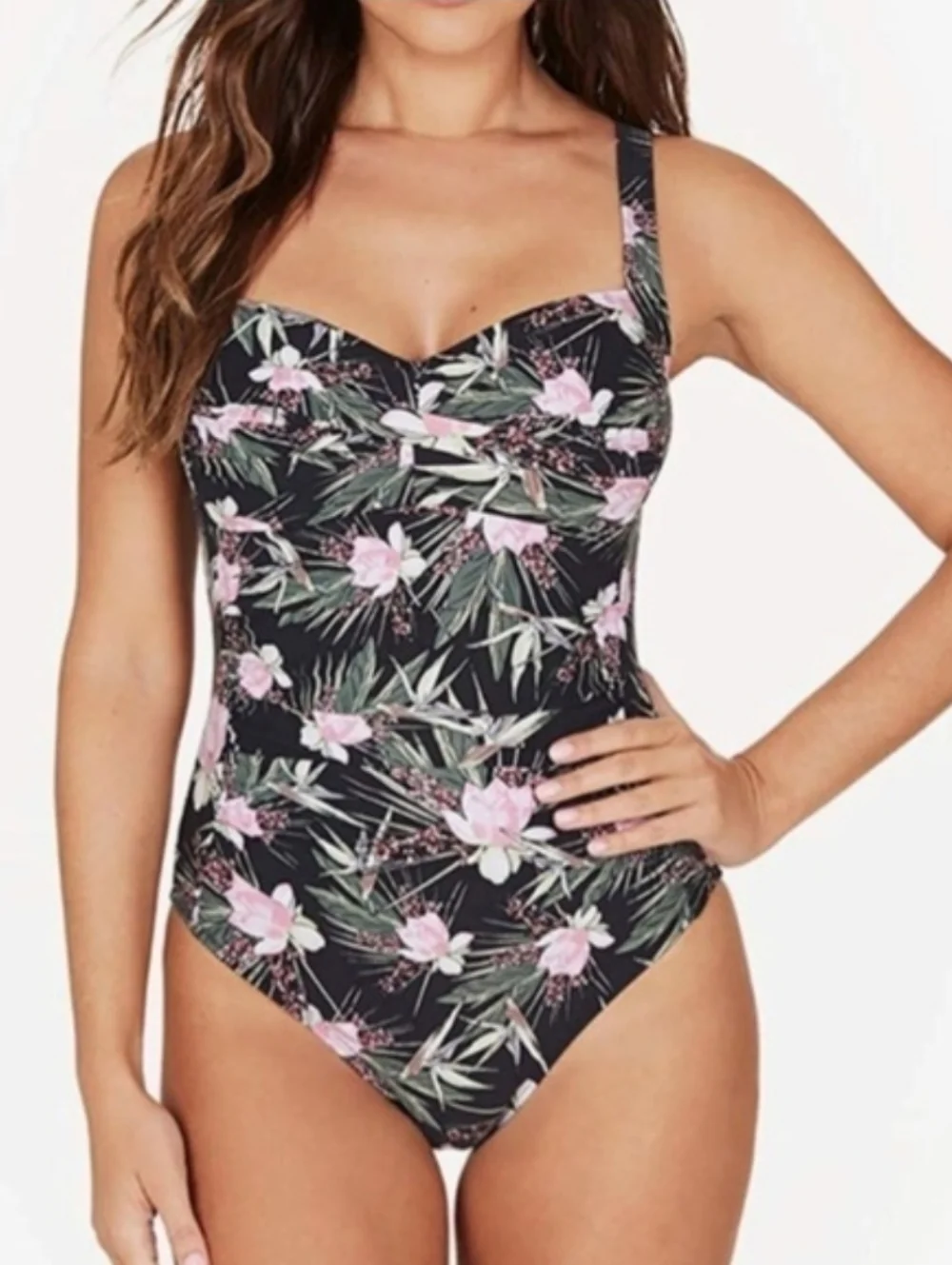 Nip Tuck Twist Front Flower One Piece Swimsuit Joanne Fern Gully Black Pink 6